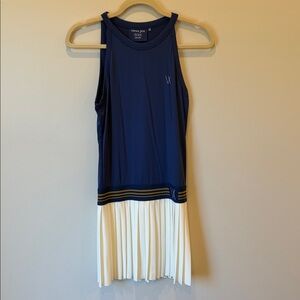 Vieux Jeu tennis dress in Blue and Cream gold accent